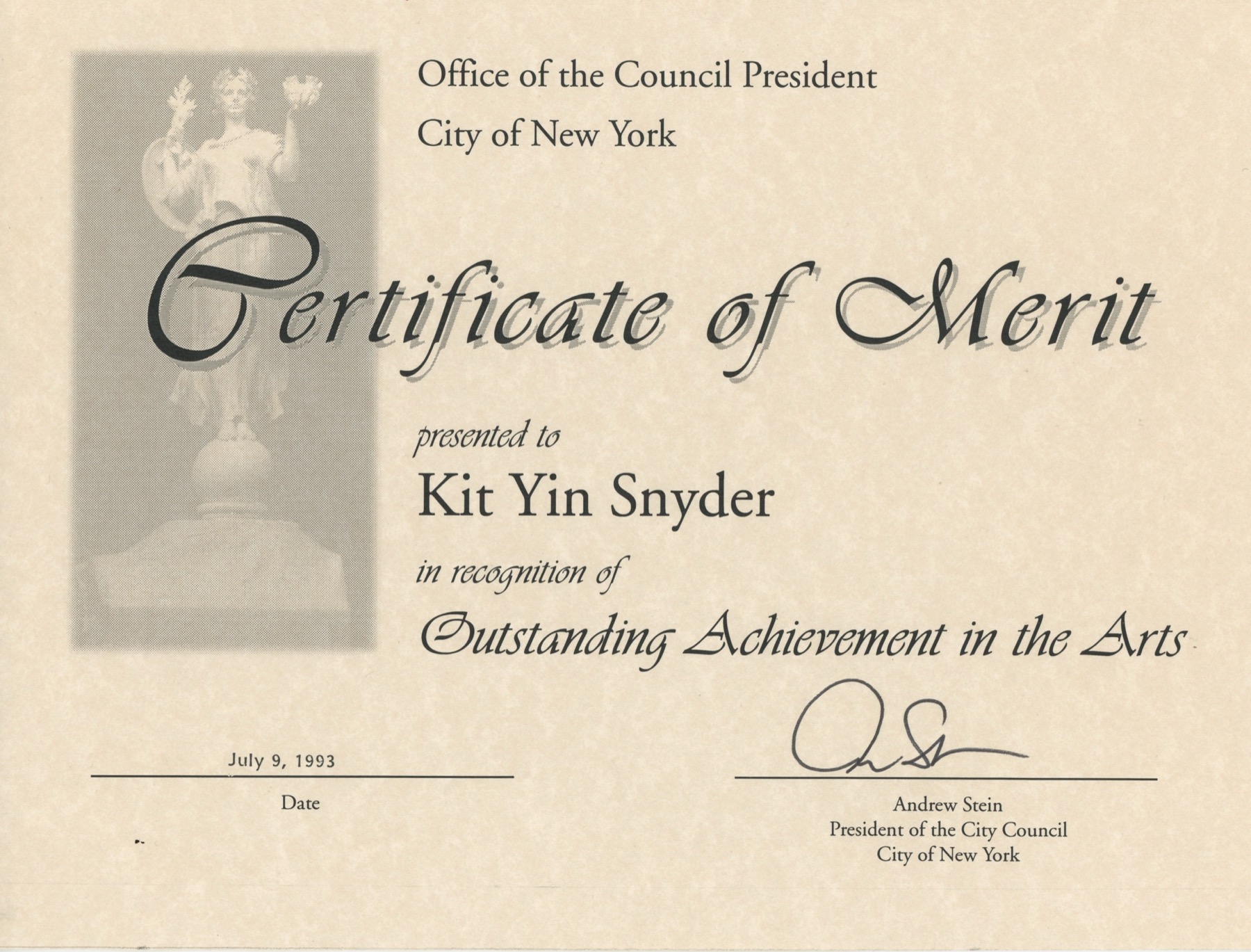 Certificate of Merit for Outstanding Achievement in the Arts