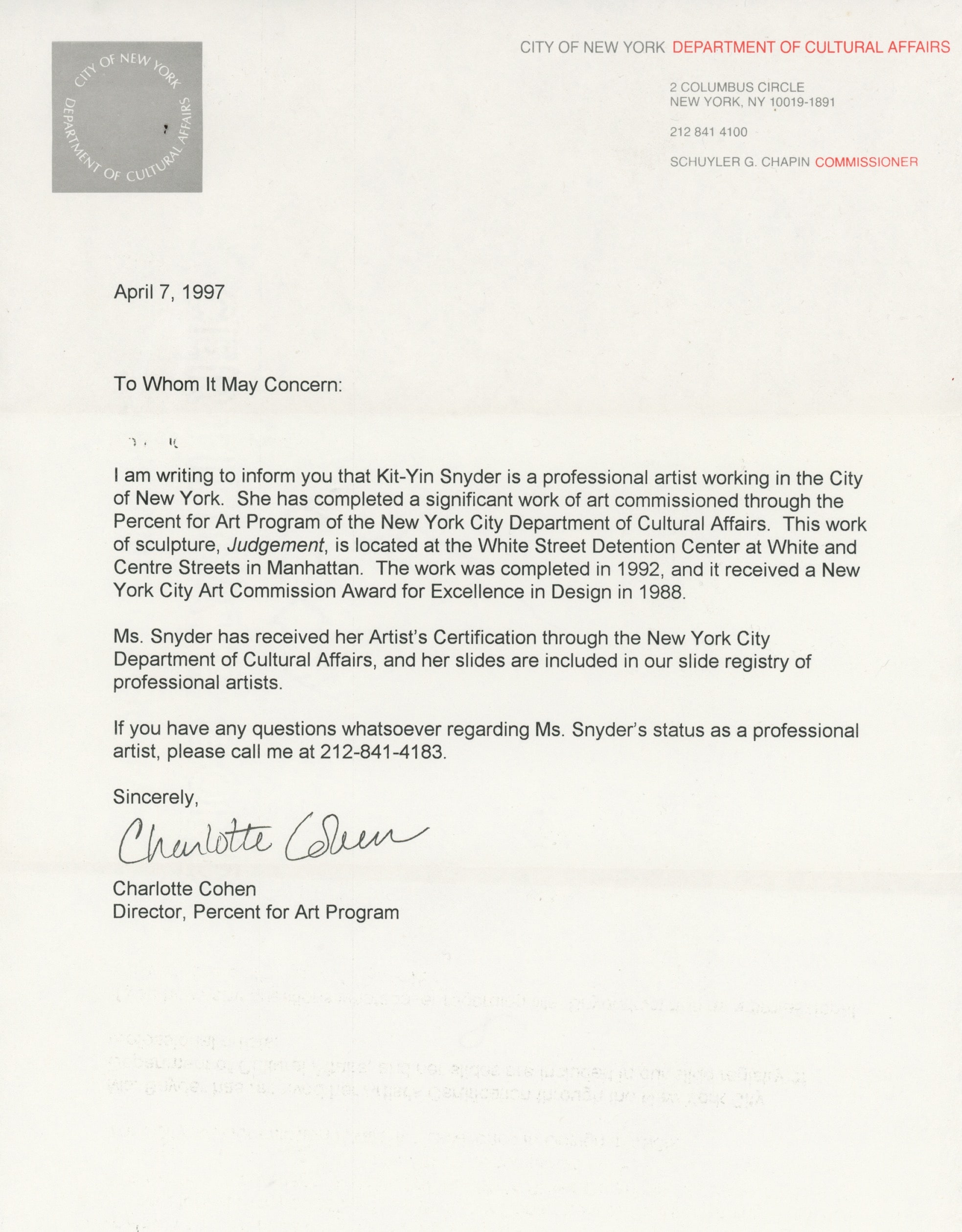 Excellence in Design award, New York City Department of Cultural Affairs